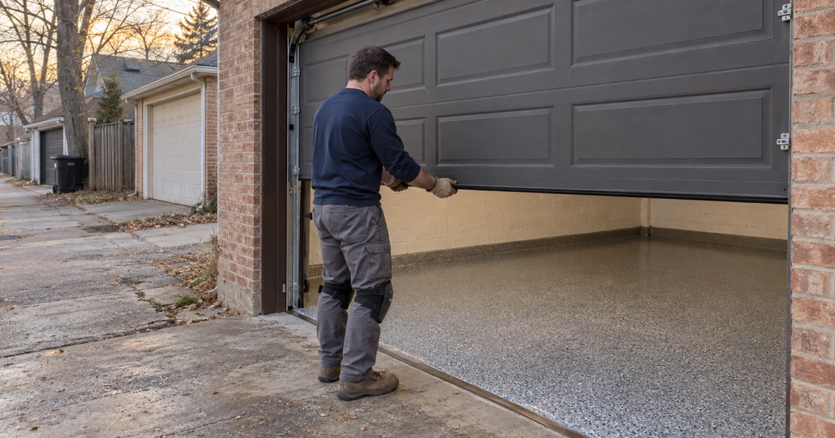 An installer lowering the overhead door of a detached Oak Park garage at the end of a floor job, the finished floor inside.