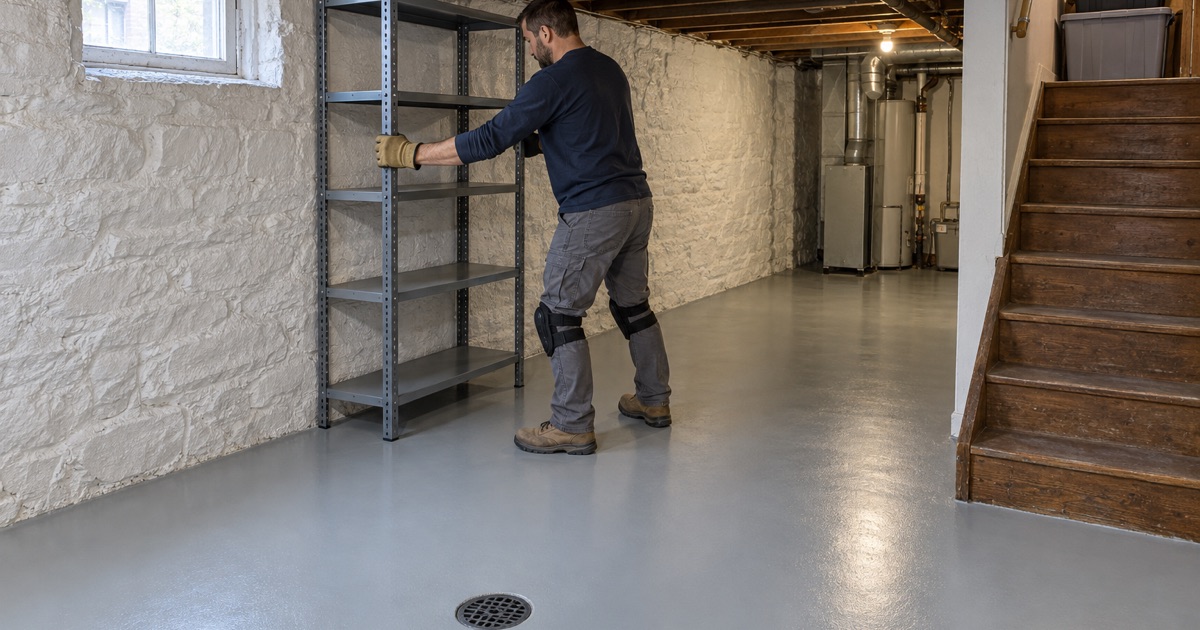 A new light gray epoxy floor in an Oak Park basement, a steel shelving unit being slid back beside the floor drain.