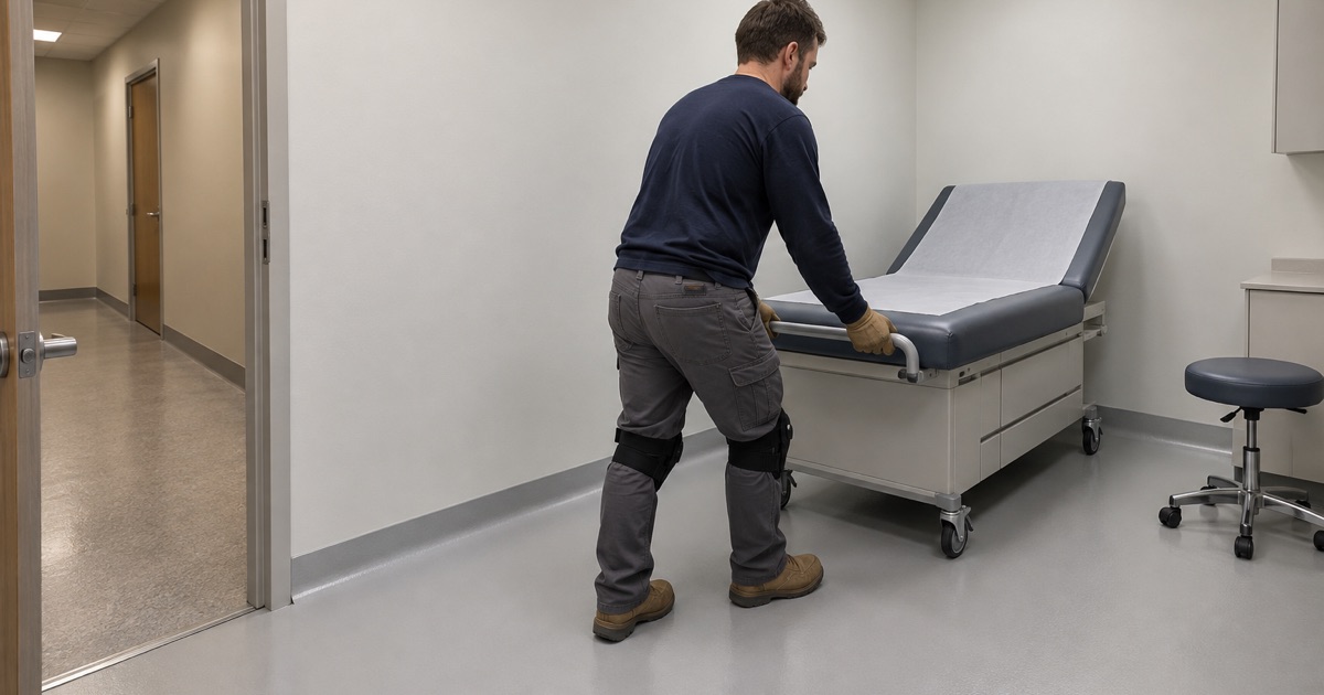 A storefront clinic exam room in Oak Park with a new seamless gray floor and coved base, an exam table being wheeled back in.