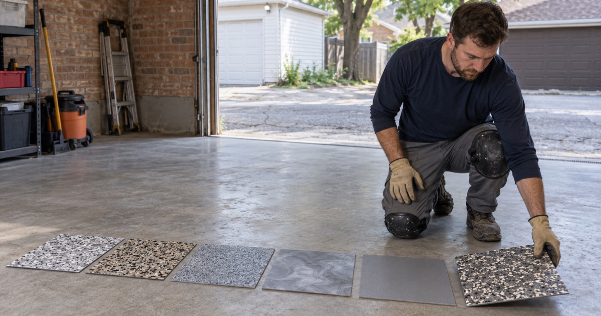 Square flake, quartz, metallic and solid-color sample tiles laid in a row on a bare garage slab in Oak Park.