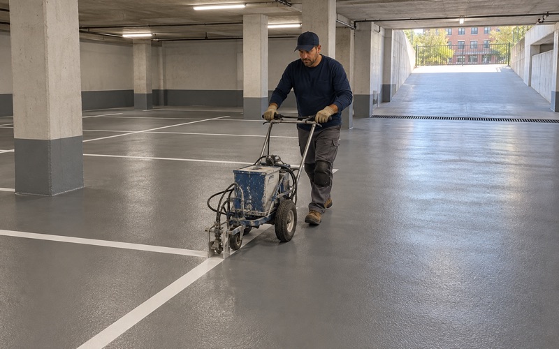 Parking stall lines being laid on a new gray coating in an apartment building's basement garage in Oak Park.