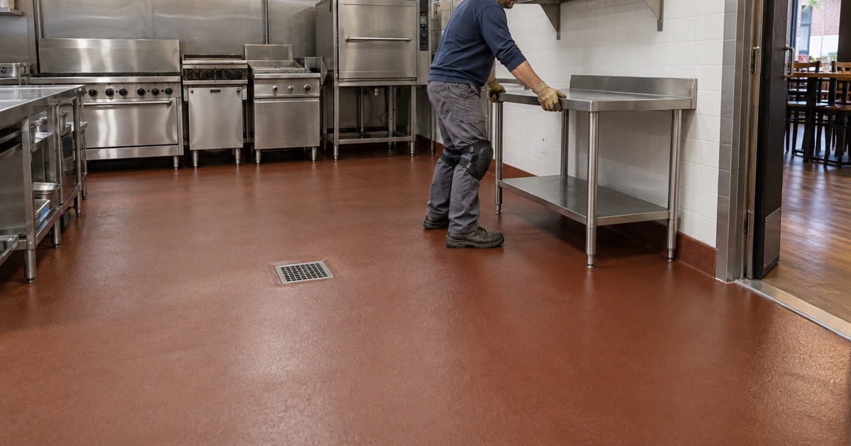 A restaurant kitchen in Oak Park with a new red-brown urethane cement floor, coved base and floor drain, a worktable eased back.