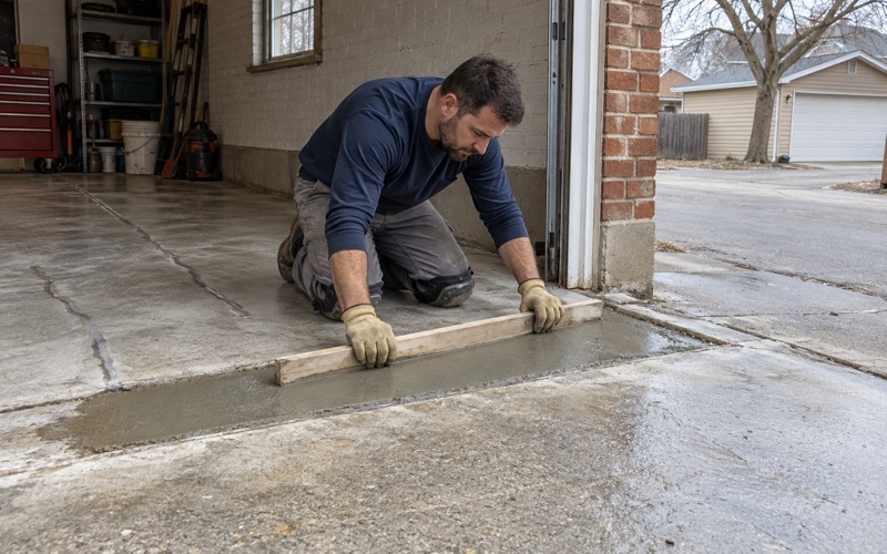 A spalled garage door threshold in Oak Park being rebuilt with repair mortar, screeded level with the sound slab on both sides.