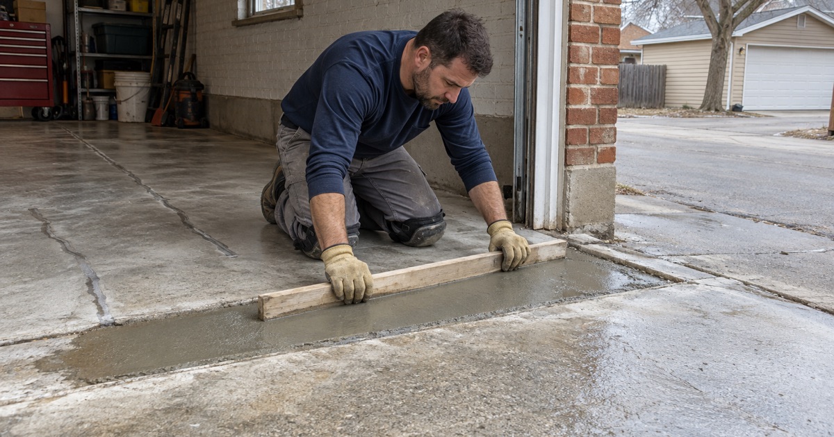 A spalled garage door threshold in Oak Park being rebuilt with repair mortar, screeded level with the sound slab on both sides.