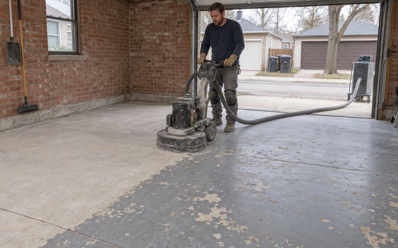 A walk-behind planetary grinder opening an old painted garage slab in Oak Park, its dust hose running to an extractor.