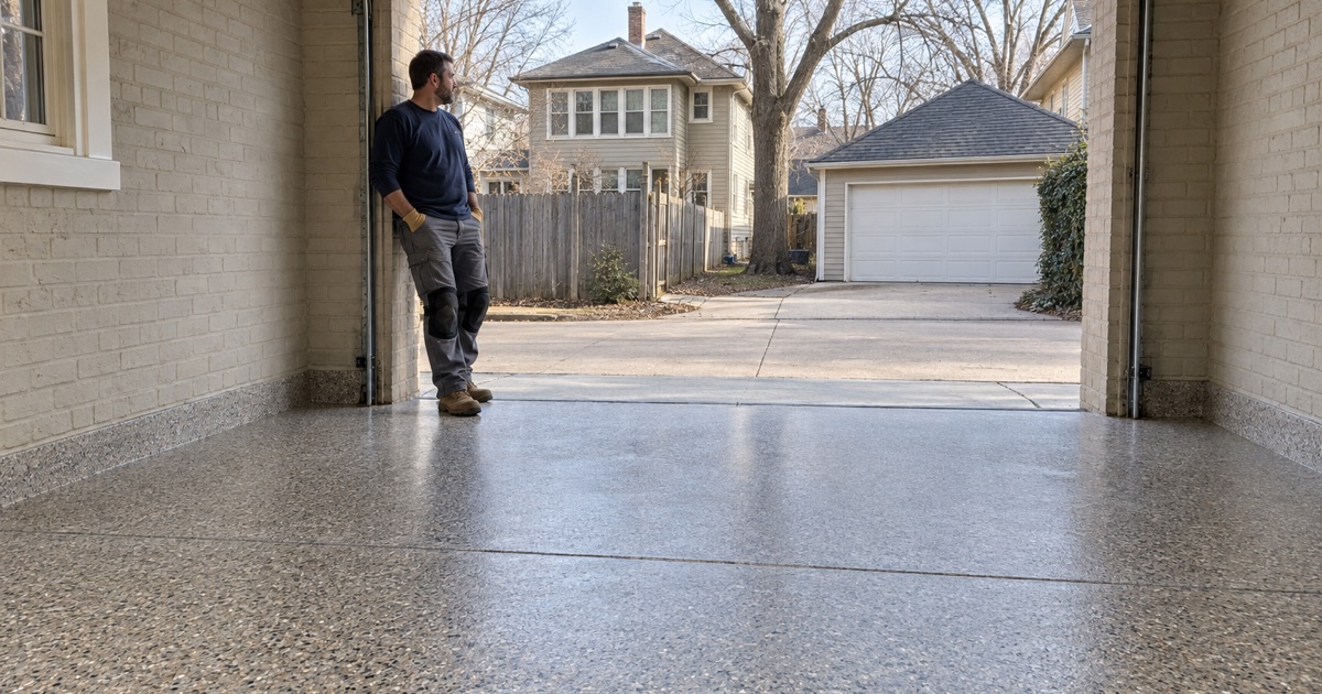 A finished gray and tan flake floor in a detached Oak Park garage with a coach house above, opening onto a concrete alley.