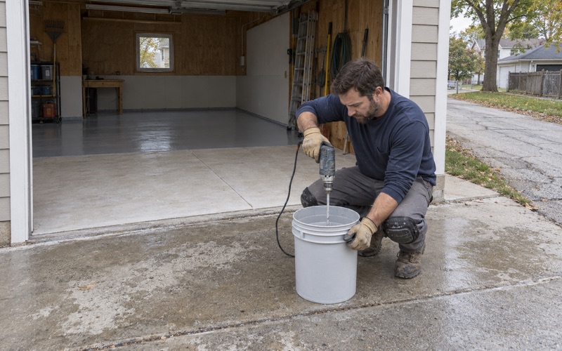A worker mixing epoxy in a bucket on the apron of a detached Oak Park garage, the ground slab behind him half primed.