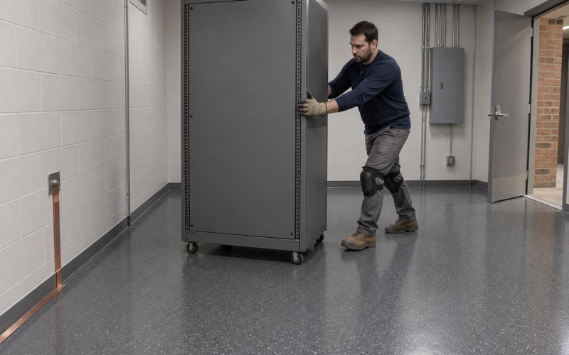A dark gray static-dissipative floor in an Oak Park equipment room, its copper grounding strip ending at a wall ground plate.