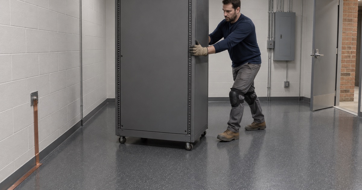 A dark gray static-dissipative floor in an Oak Park equipment room, its copper grounding strip ending at a wall ground plate.