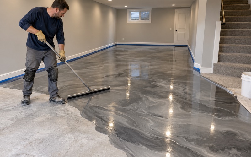A pewter and silver metallic epoxy pour being squeegeed across a basement recreation room floor in Oak Park.