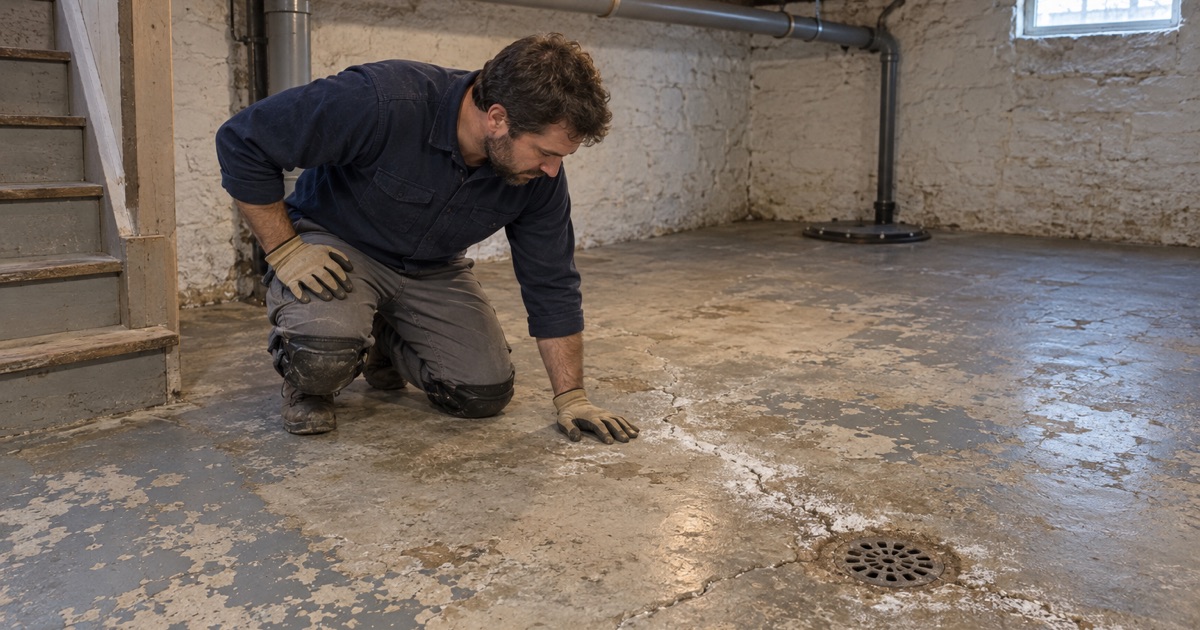 An old Oak Park basement floor with flaking paint and efflorescence along a crack to the floor drain, overhead sewer piping above.