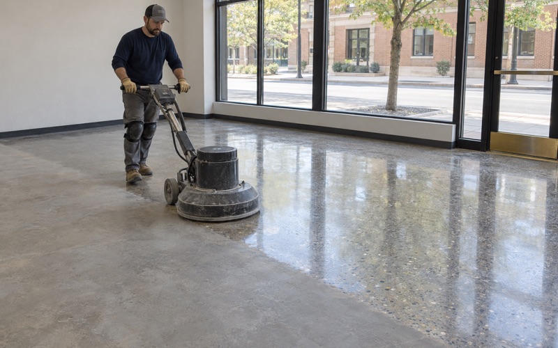 A burnisher crossing a polished concrete floor in an empty Oak Park storefront, the finished half reflecting the front windows.