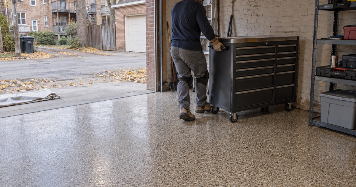 A tool chest rolled back onto a same-day polyaspartic flake floor in a detached Oak Park garage on a cold autumn afternoon.