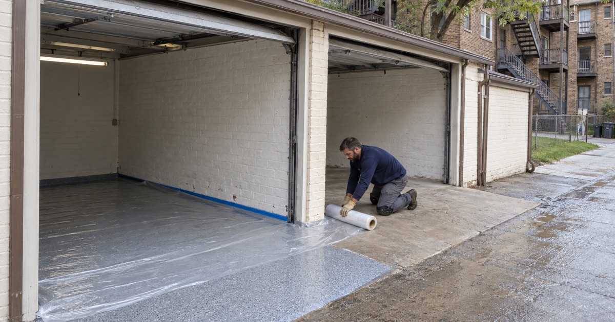 A row of garage stalls behind an Oak Park brick condominium building, one stall finished and the next masked off for its turn.